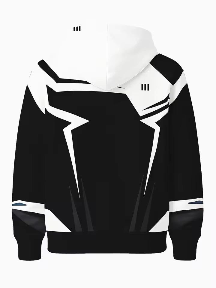 Men’s Streetwear Graphic Hoodie – Black & White Tech Design Pullover