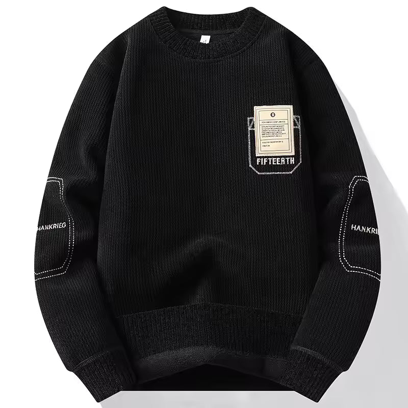 Men’s Minimalist Patch Knit Sweater – Casual Crew Neck Solid Color Pullover