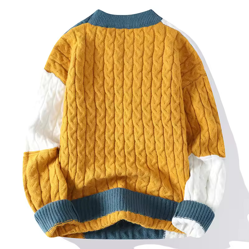 Men’s Retro Patch Cable-Knit Sweater — Bold Design, Cozy Warmth