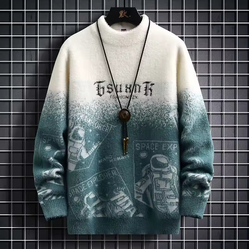 Men’s Astronaut Gradient Knit Pullover – Retro Space Graphic Winter Sweater