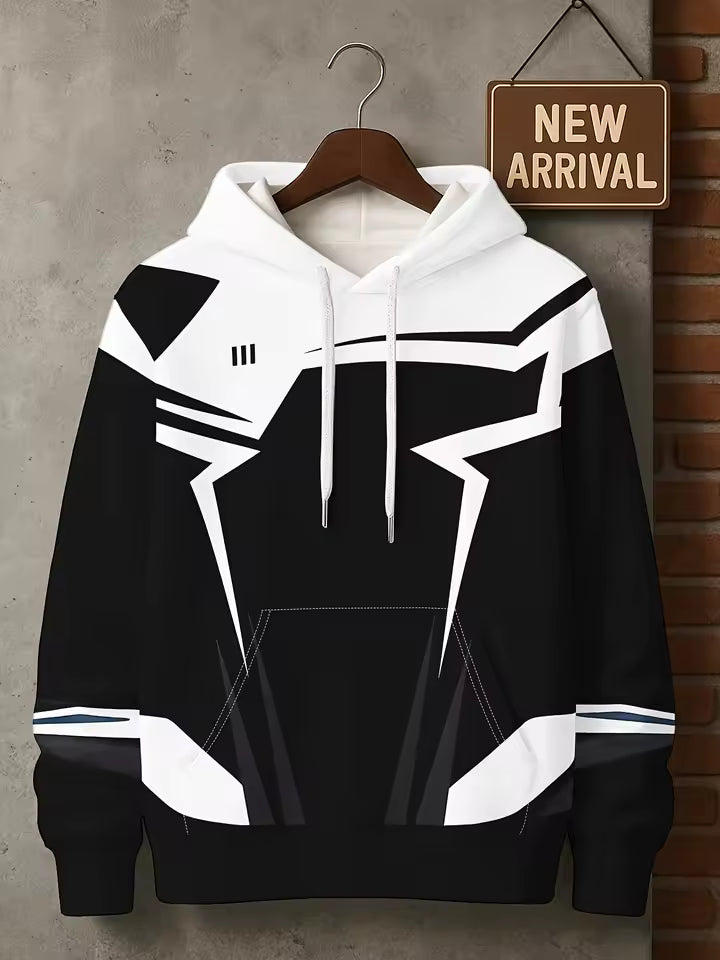 Men’s Streetwear Graphic Hoodie – Black & White Tech Design Pullover