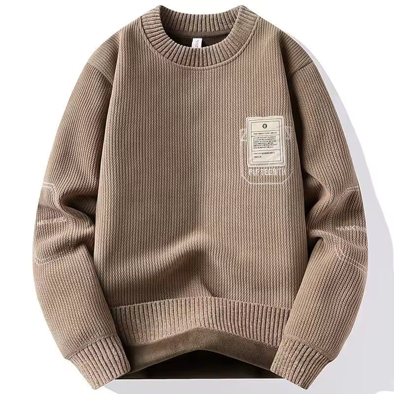 Men’s Minimalist Patch Knit Sweater – Casual Crew Neck Solid Color Pullover