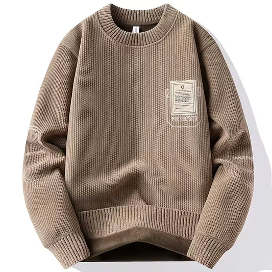 Men’s Minimalist Patch Knit Sweater – Casual Crew Neck Solid Color Pullover