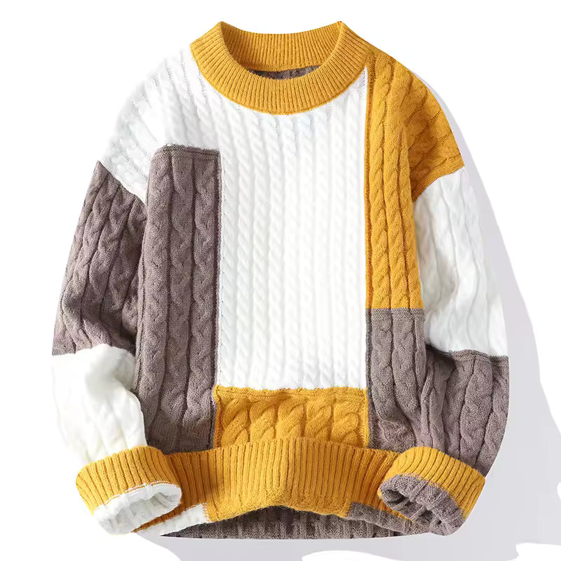 Men’s Retro Patch Cable-Knit Sweater — Bold Design, Cozy Warmth