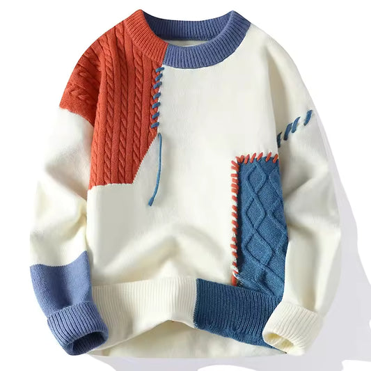 Men’s Patchwork Knit Sweater — Bold Texture, Effortless Expression