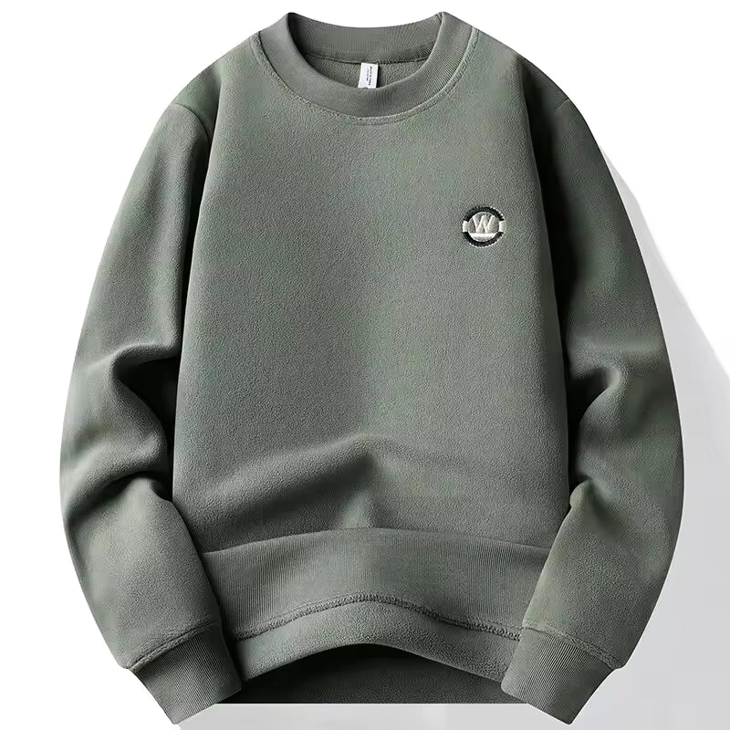 Men’s Minimalist Patch Knit Sweater – Casual Crew Neck Solid Color Pullover