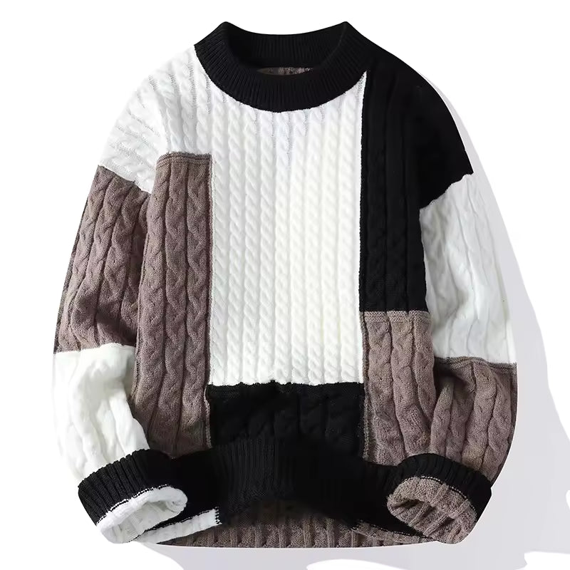 Men’s Retro Patch Cable-Knit Sweater — Bold Design, Cozy Warmth