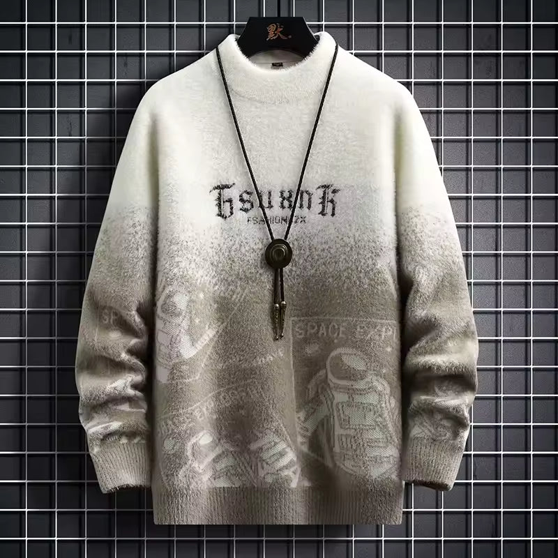 Men’s Astronaut Gradient Knit Pullover – Retro Space Graphic Winter Sweater