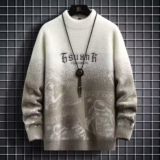 Men’s Astronaut Gradient Knit Pullover – Retro Space Graphic Winter Sweater