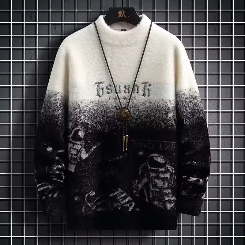 Men’s Astronaut Gradient Knit Pullover – Retro Space Graphic Winter Sweater