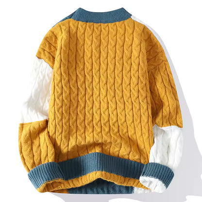 Men’s Retro Patch Cable-Knit Sweater — Bold Design, Cozy Warmth