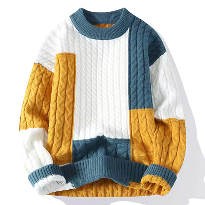 Men’s Retro Patch Cable-Knit Sweater — Bold Design, Cozy Warmth