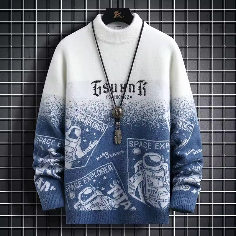 Men’s Astronaut Gradient Knit Pullover – Retro Space Graphic Winter Sweater
