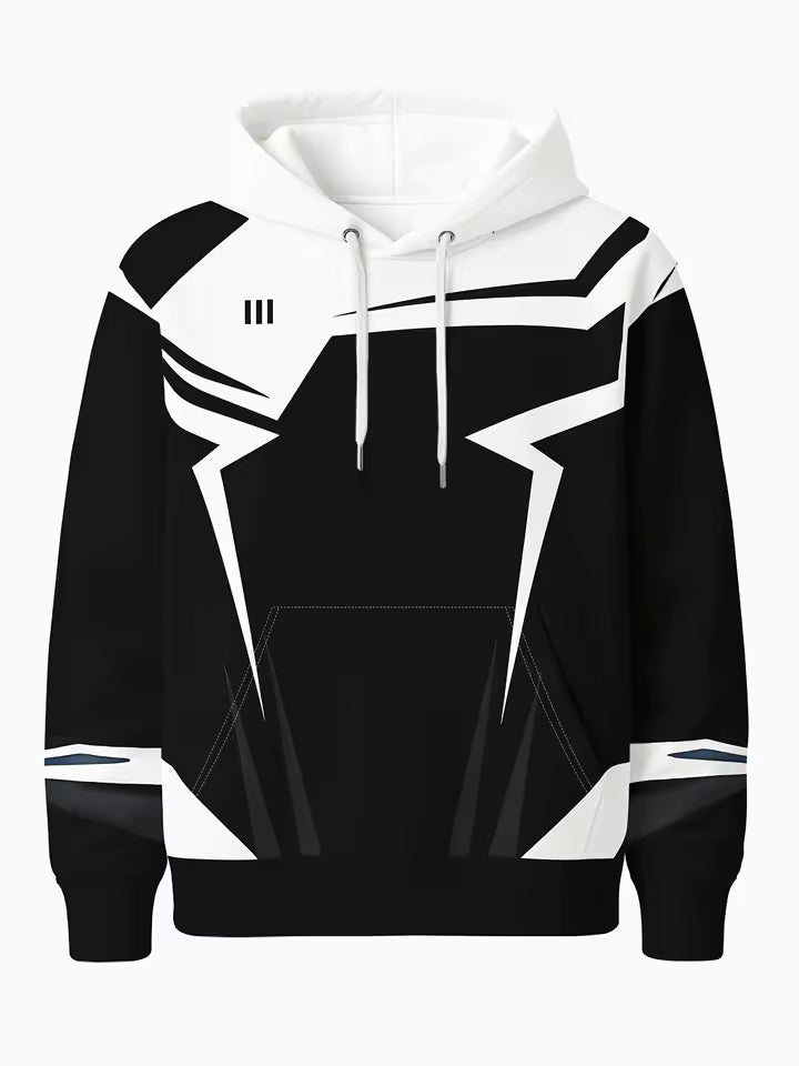 Men’s Streetwear Graphic Hoodie – Black & White Tech Design Pullover